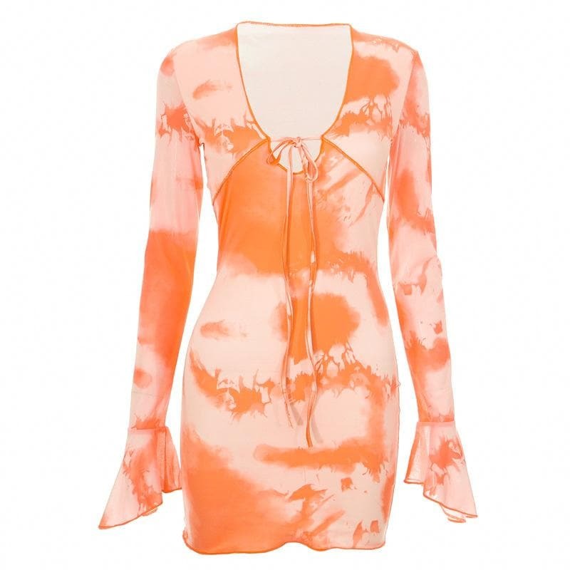 Flared Sleeve Tie-Dye Contrast V-Neck Mini Dress - Y2K Aesthetic & Coquette Style