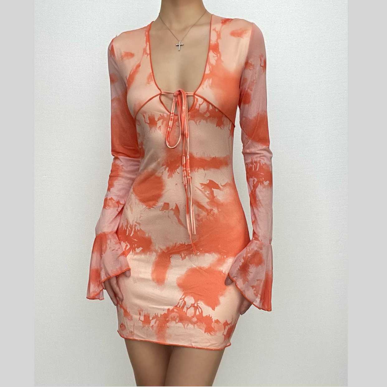 Flared Sleeve Tie-Dye Contrast V-Neck Mini Dress - Y2K Aesthetic & Coquette Style