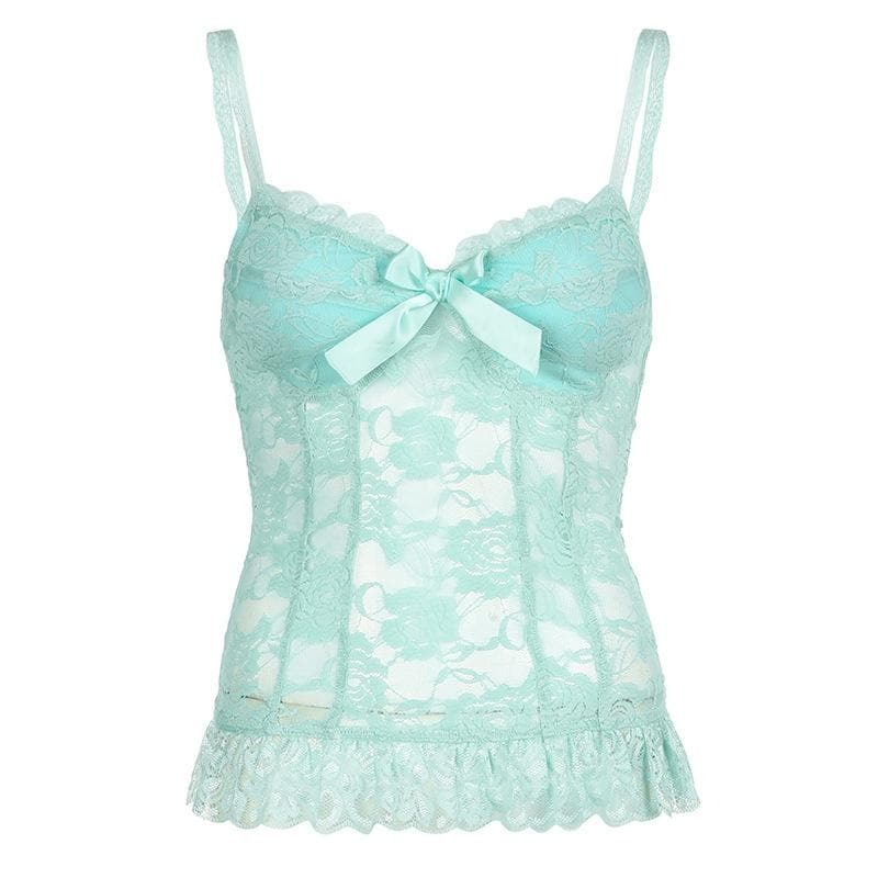 Floral Bowknot Lace Bustier Cami Top - Y2K Coquette Aesthetic Cute Crop Top