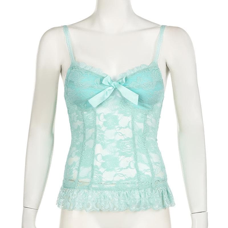 Floral Bowknot Lace Bustier Cami Top - Y2K Coquette Aesthetic Cute Crop Top