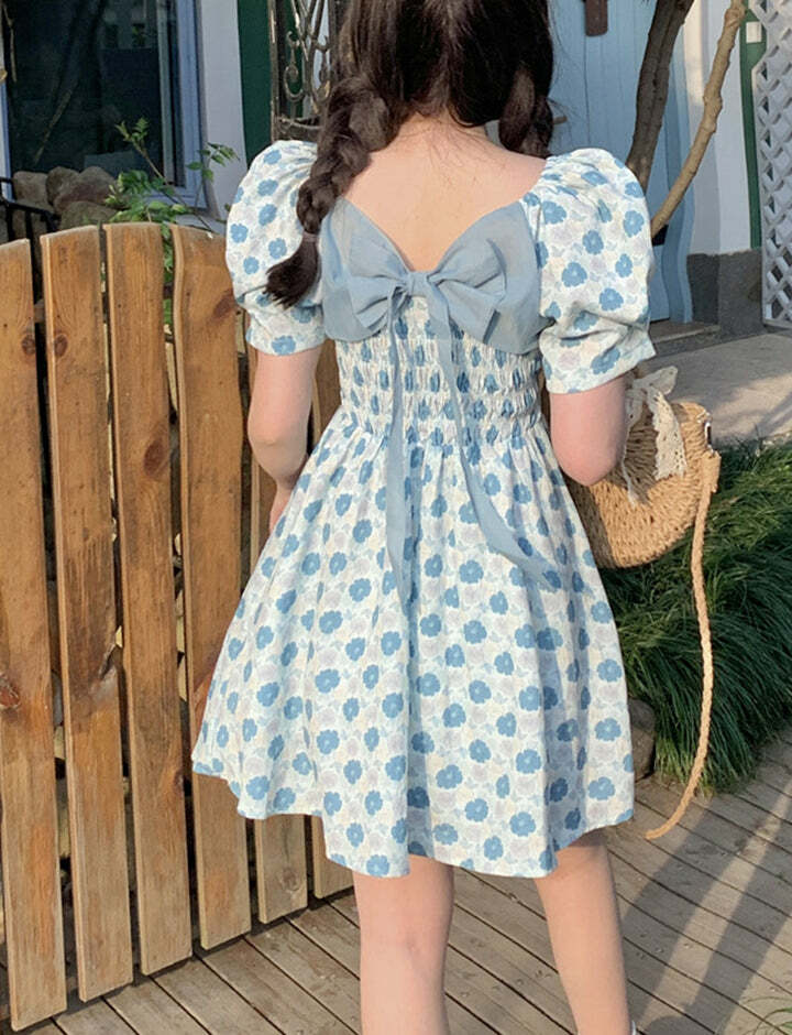 Floral Bowknot Puff Dress - Y2K Aesthetic Cute Top for Coquette & Grunge Styles