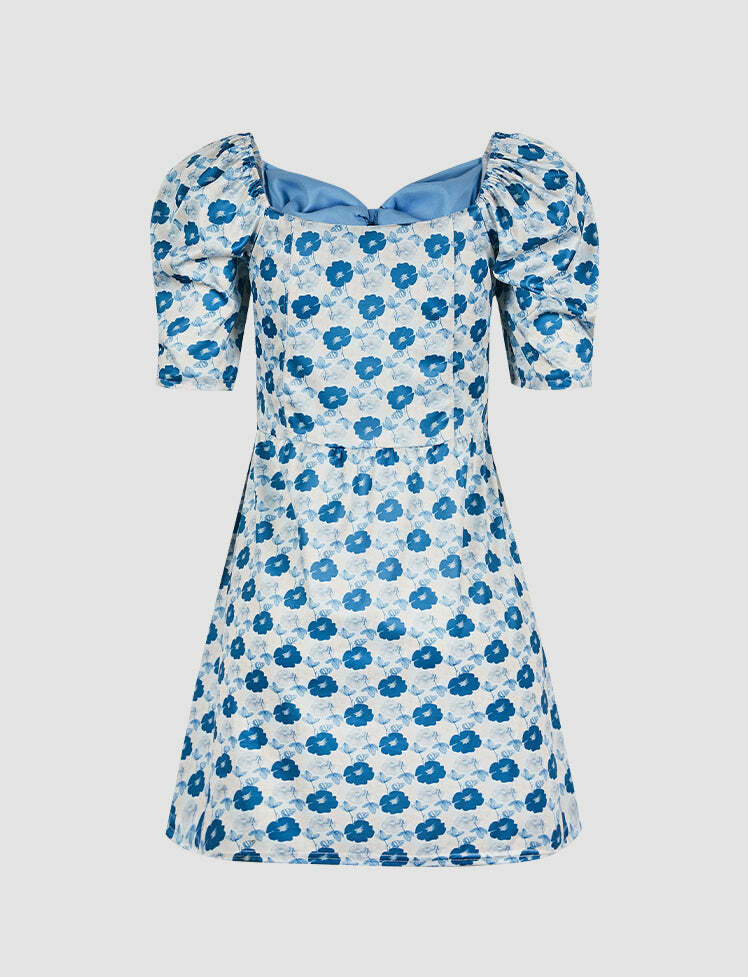 Floral Bowknot Puff Dress - Y2K Aesthetic Cute Top for Coquette & Grunge Styles