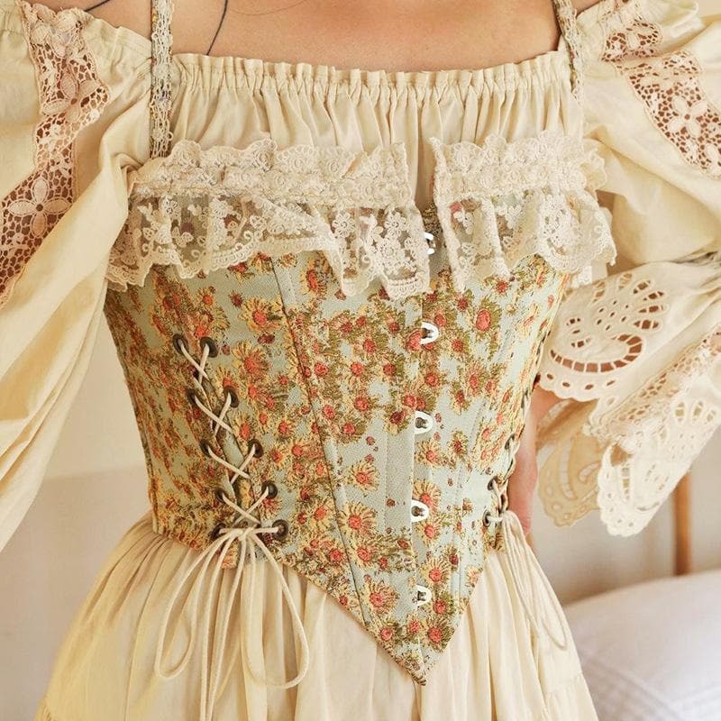 Floral Bustier Top with Ruffle Lace & Lace-Up Sides - Y2K Coquette Aesthetic Fashion
