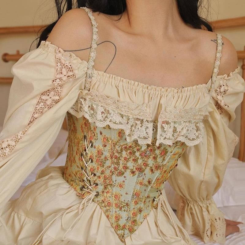 Floral Bustier Top with Ruffle Lace & Lace-Up Sides - Y2K Coquette Aesthetic Fashion
