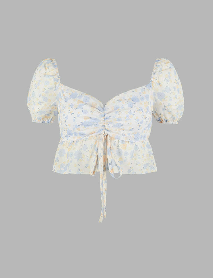 Floral Chiffon Bow Top - Y2K Aesthetic Cute Crop Top for Coquette & Grunge Styles