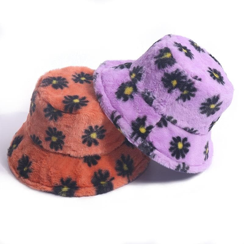 Floral Contrast Fluffy Fisherman Bucket Hat - Y2K Aesthetic, Coquette Style, Cute Accessories