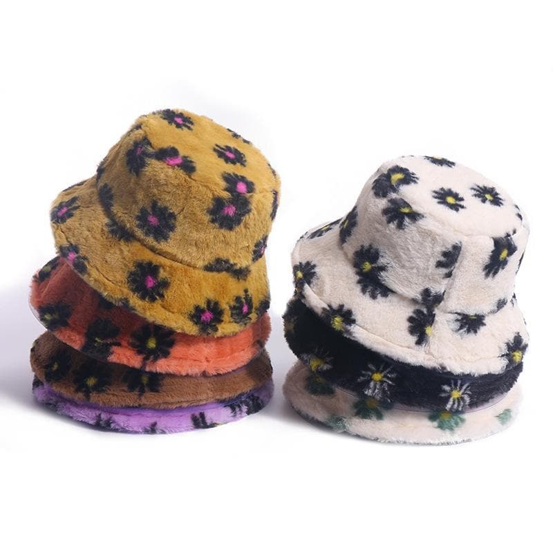 Floral Contrast Fluffy Fisherman Bucket Hat - Y2K Aesthetic, Coquette Style, Cute Accessories