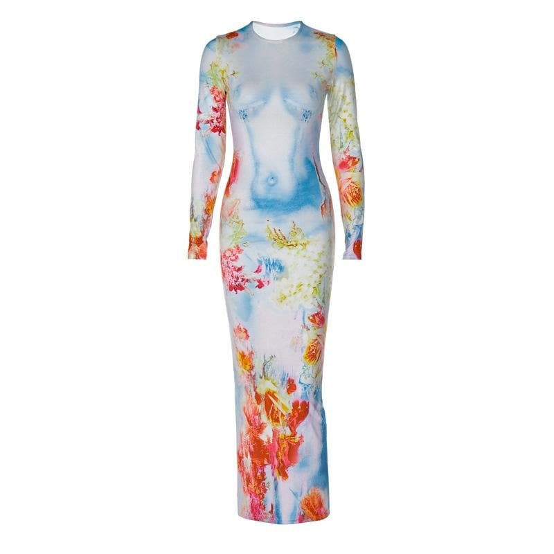 Floral Contrast Long Sleeve Maxi Dress - Y2K Aesthetic, Coquette Style, Cute & Comfy