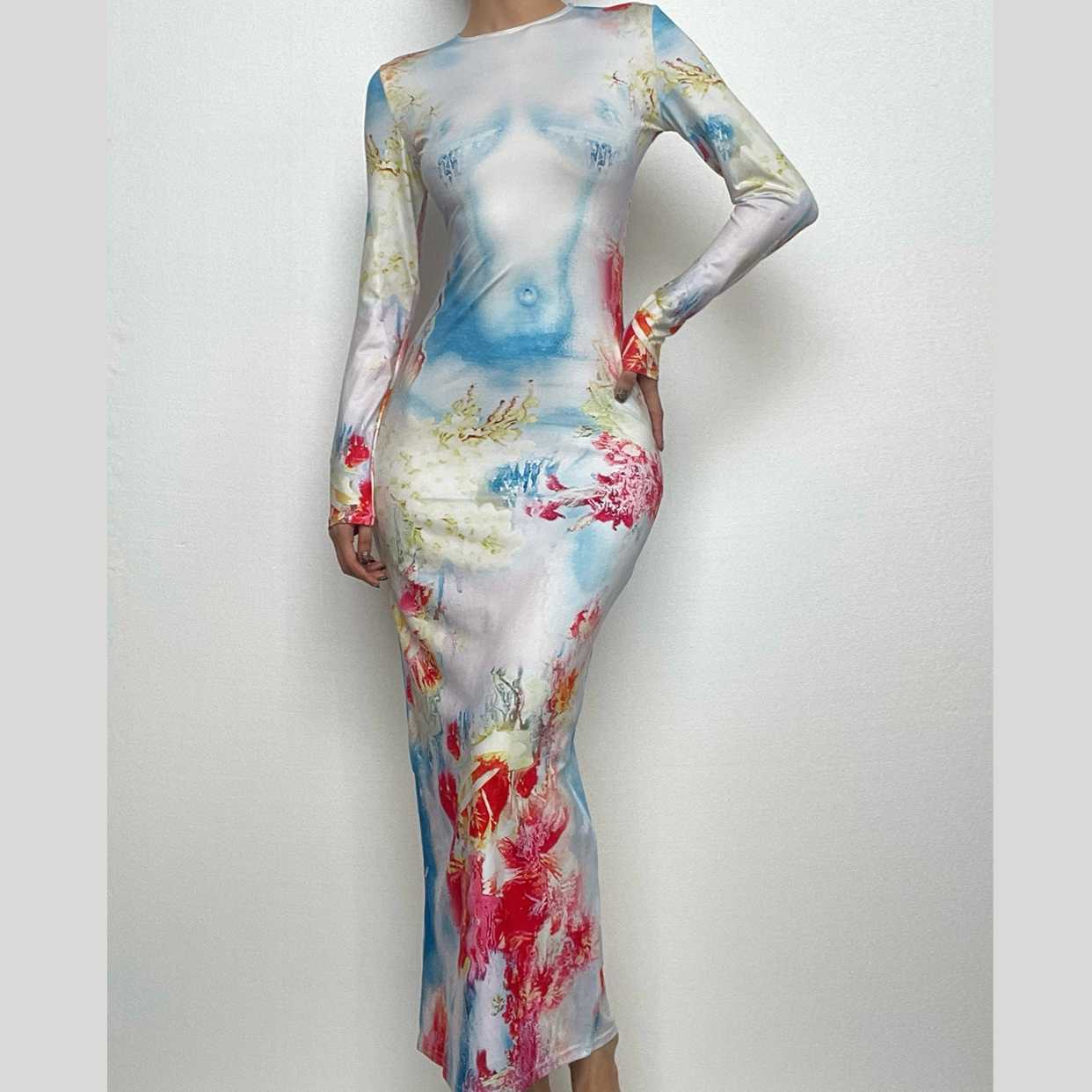 Floral Contrast Long Sleeve Maxi Dress - Y2K Aesthetic, Coquette Style, Cute & Comfy