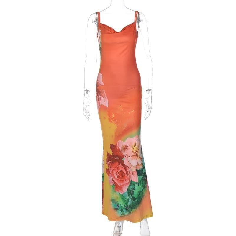 Floral Cowl Neck Backless Maxi Dress - Y2K Aesthetic, Coquette Style, Cute Summer Outfit