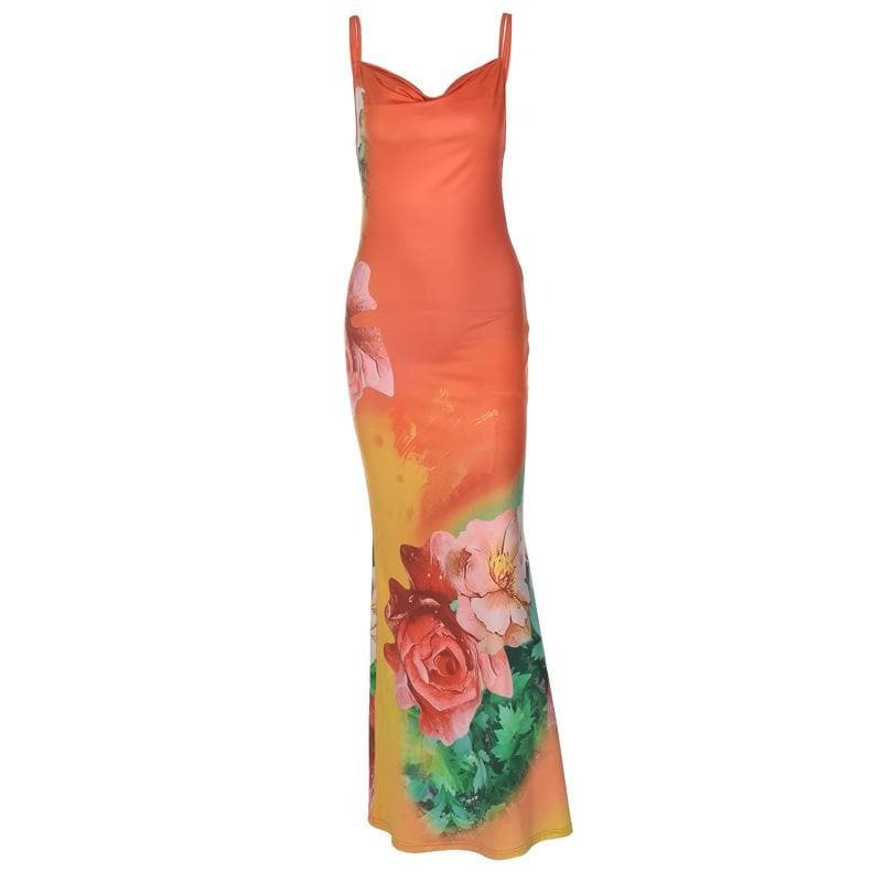 Floral Cowl Neck Backless Maxi Dress - Y2K Aesthetic, Coquette Style, Cute Summer Outfit