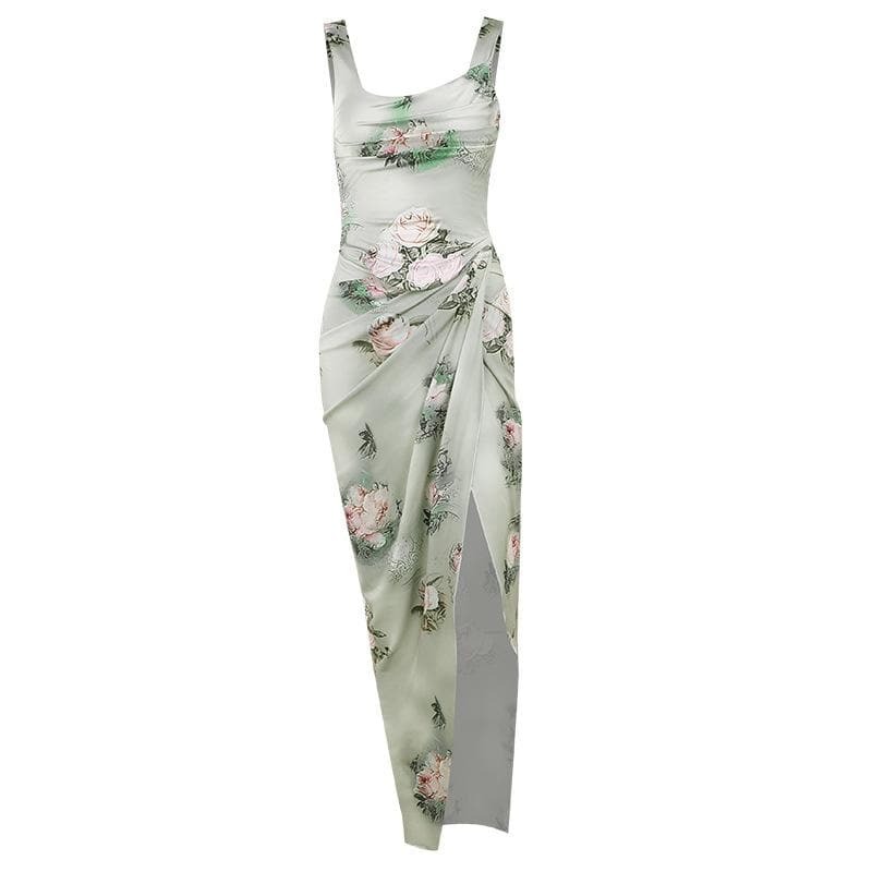 Floral Cowl Neck Ruched Maxi Skirt Set - Y2K Aesthetic, Coquette Style, Cute Outfits
