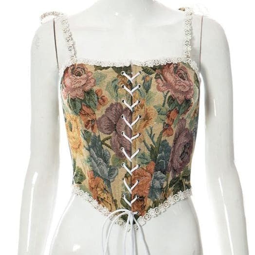 Floral Embroidery Lace-Up Bustier Cami Top - Y2K Aesthetic Cute Crop Top for Coquette Style