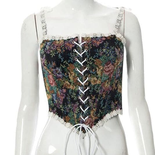 Floral Embroidery Lace-Up Bustier Cami Top - Y2K Aesthetic Cute Crop Top for Coquette Style