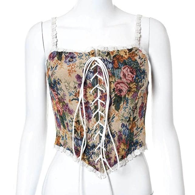 Floral Embroidery Lace-Up Bustier Cami Top - Y2K Aesthetic Cute Crop Top for Coquette Style