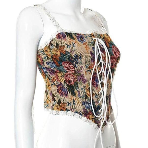 Floral Embroidery Lace-Up Bustier Cami Top - Y2K Aesthetic Cute Crop Top for Coquette Style