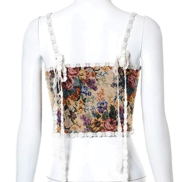 Floral Embroidery Lace-Up Bustier Cami Top - Y2K Aesthetic Cute Crop Top for Coquette Style