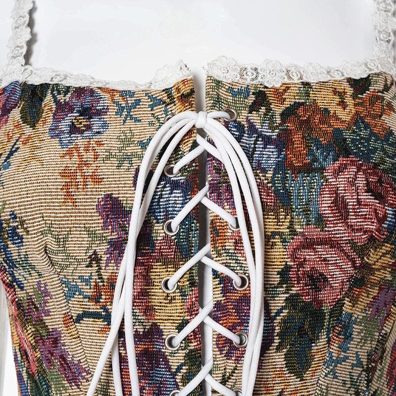 Floral Embroidery Lace-Up Bustier Cami Top - Y2K Aesthetic Cute Crop Top for Coquette Style