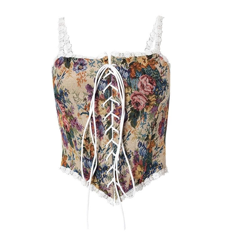 Floral Embroidery Lace-Up Bustier Cami Top - Y2K Aesthetic Cute Crop Top for Coquette Style