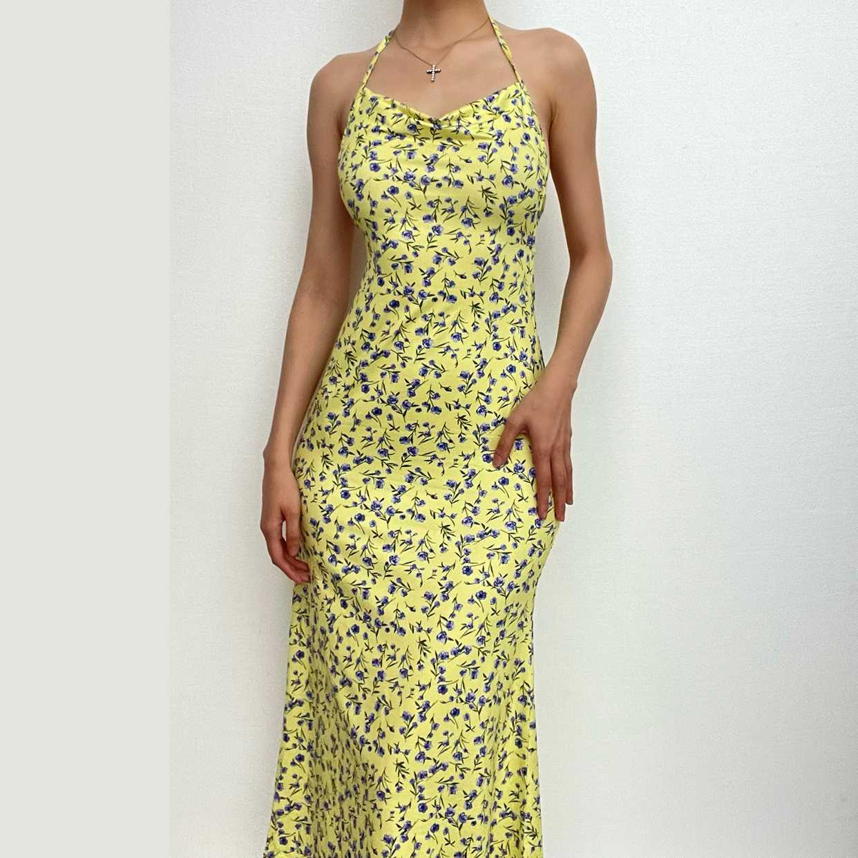 Floral Halter Cowl Neck Backless Midi Dress - Y2K Aesthetic with Slit & Self-Tie Detail