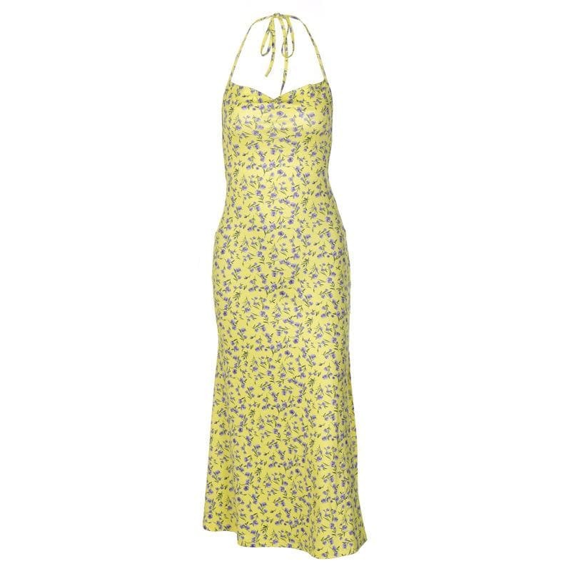 Floral Halter Cowl Neck Backless Midi Dress - Y2K Aesthetic with Slit & Self-Tie Detail