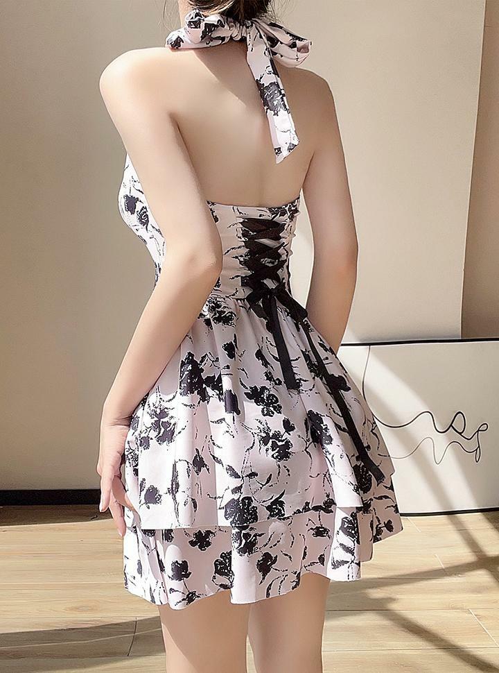 Floral Halter Neck Ties Y2K Aesthetic One-Piece Swimsuit for Coquette & Grunge Styles