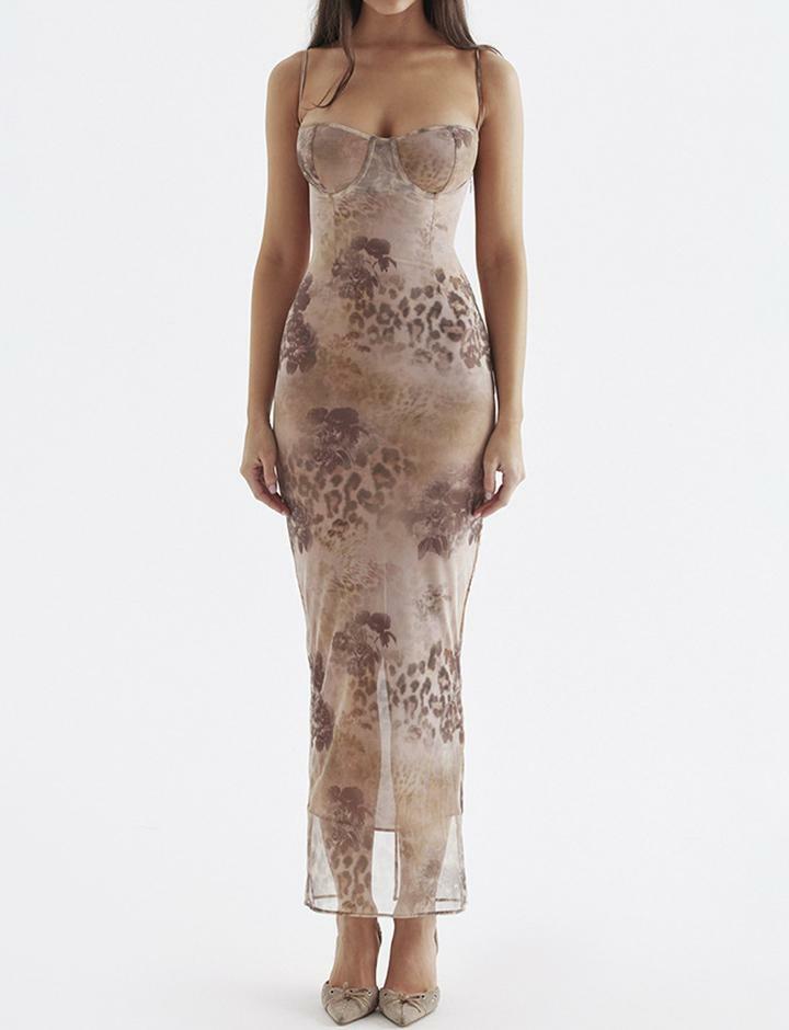 Floral Mesh Printed Sling Dress - Slim Backless with Slit, Perfect for Y2K & Coquette Aesthetic