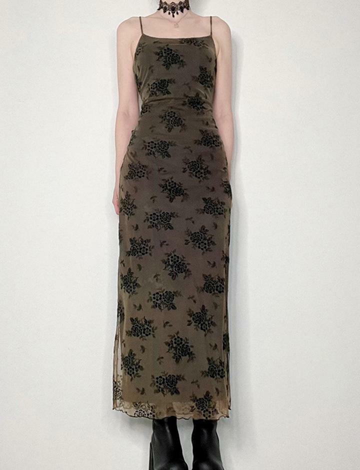Floral Mesh Suspender Dress with Slim Neckline - Y2K Aesthetic & Coquette Style