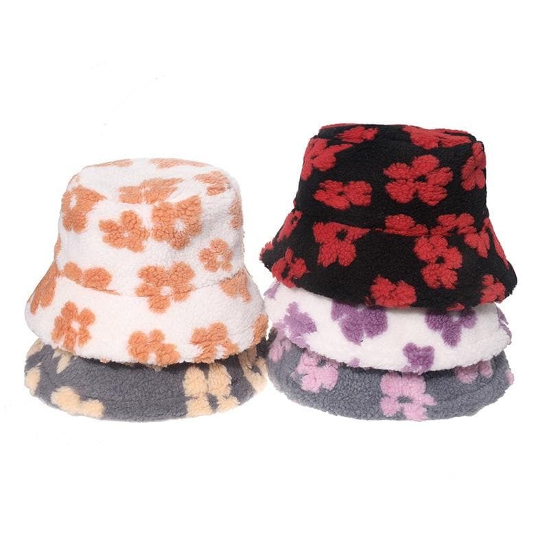 Floral Pattern Fluffy Contrast Fisherman Bucket Hat - Y2K Aesthetic & Coquette Style