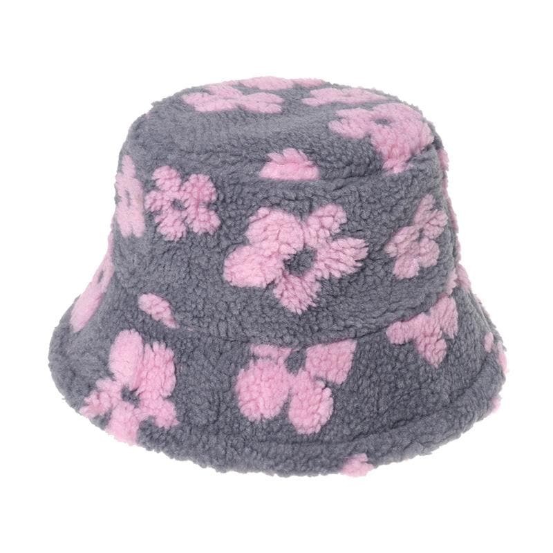 Floral Pattern Fluffy Contrast Fisherman Bucket Hat - Y2K Aesthetic & Coquette Style
