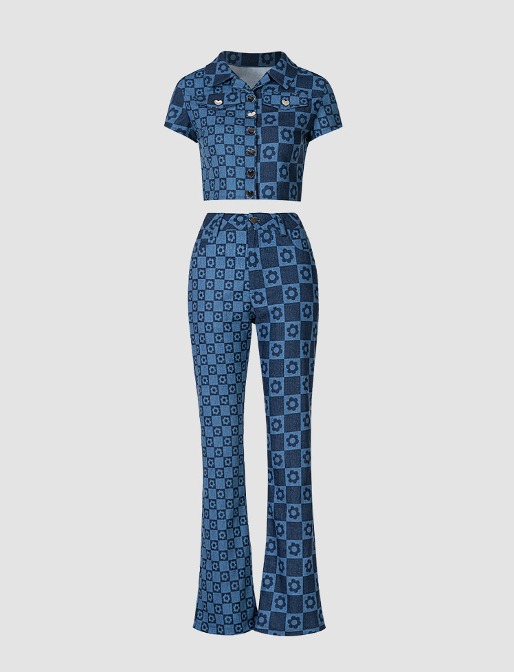 Floral Plaid Y2K Aesthetic Top & Trouser Set - Cute Coquette Style Outfit for Fall