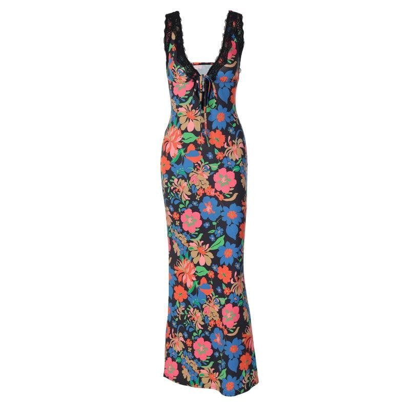 Floral Print Contrast Maxi Dress with Lace Hem - Y2K Coquette Aesthetic Style