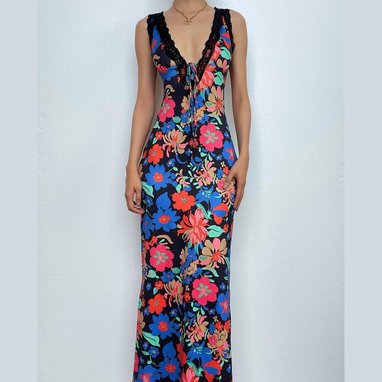 Floral Print Contrast Maxi Dress with Lace Hem - Y2K Coquette Aesthetic Style