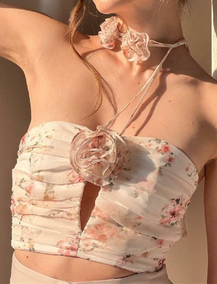 Floral Print Cut-Out Halter Crop Top - Y2K Aesthetic, Coquette Style, Cute Summer Top