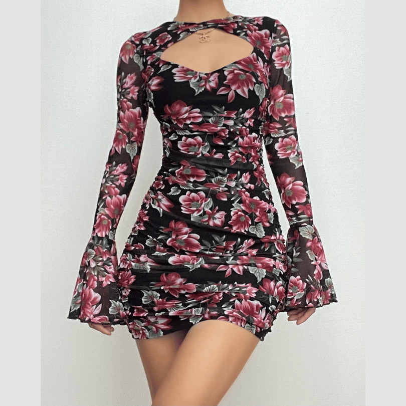 Floral Print Cut-Out Mini Dress with Long Flared Sleeves - Y2K Coquette Aesthetic