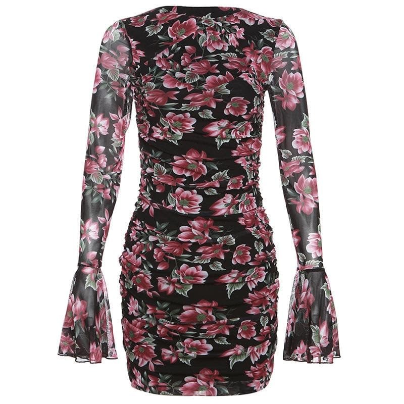 Floral Print Cut-Out Mini Dress with Long Flared Sleeves - Y2K Coquette Aesthetic