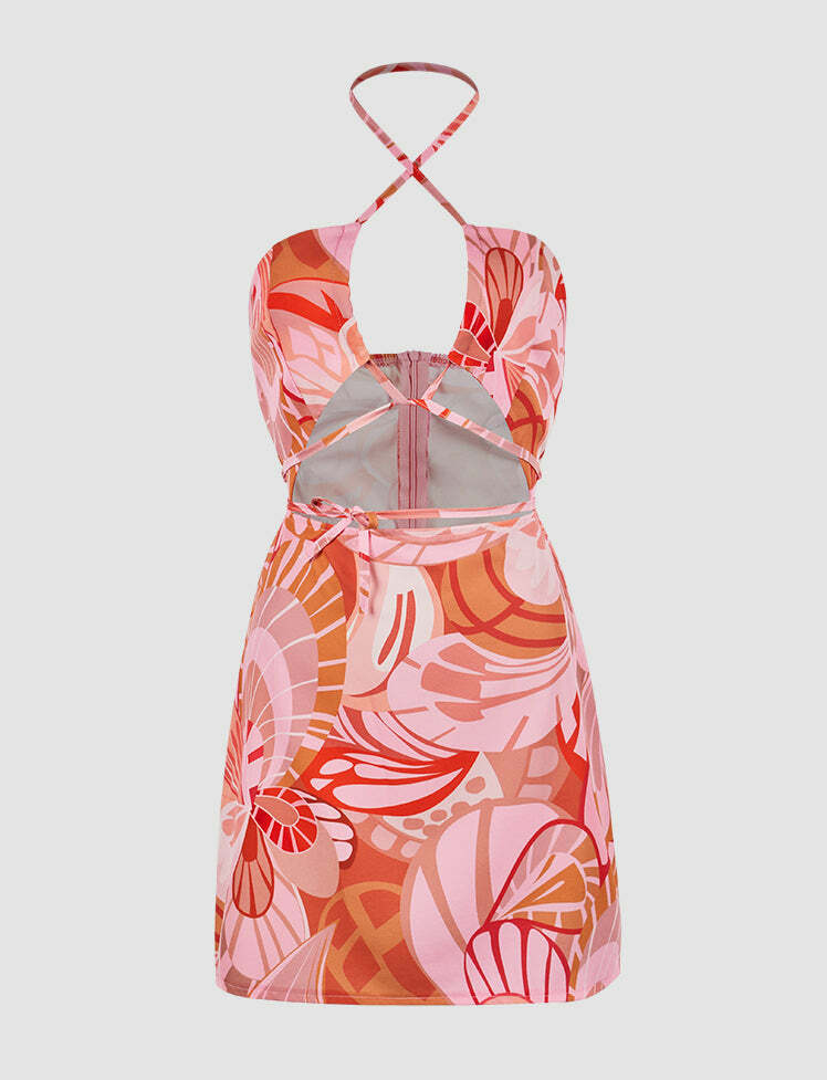 Floral Print Cutout Tie Dress - Y2K Aesthetic, Coquette Style, Cute Summer Outfit