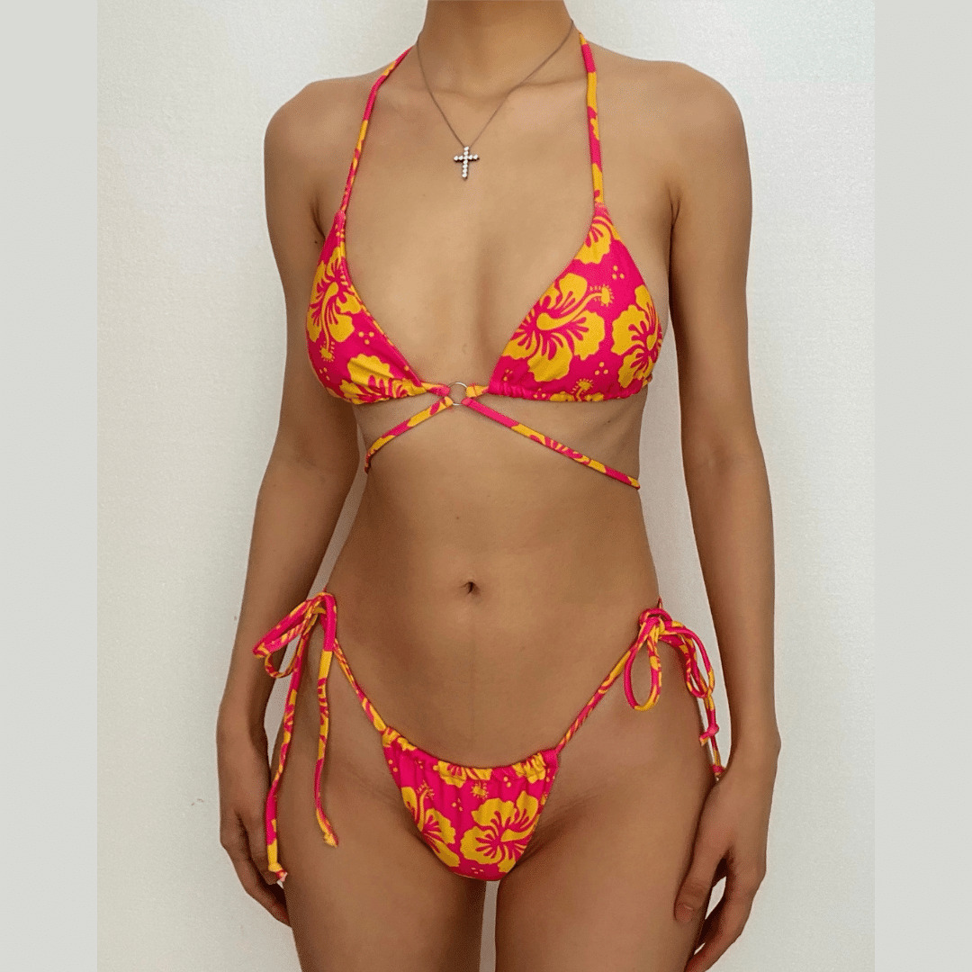 Floral Print Drawstring Halter Tie Bikini Swimwear - Y2K Aesthetic & Coquette Style