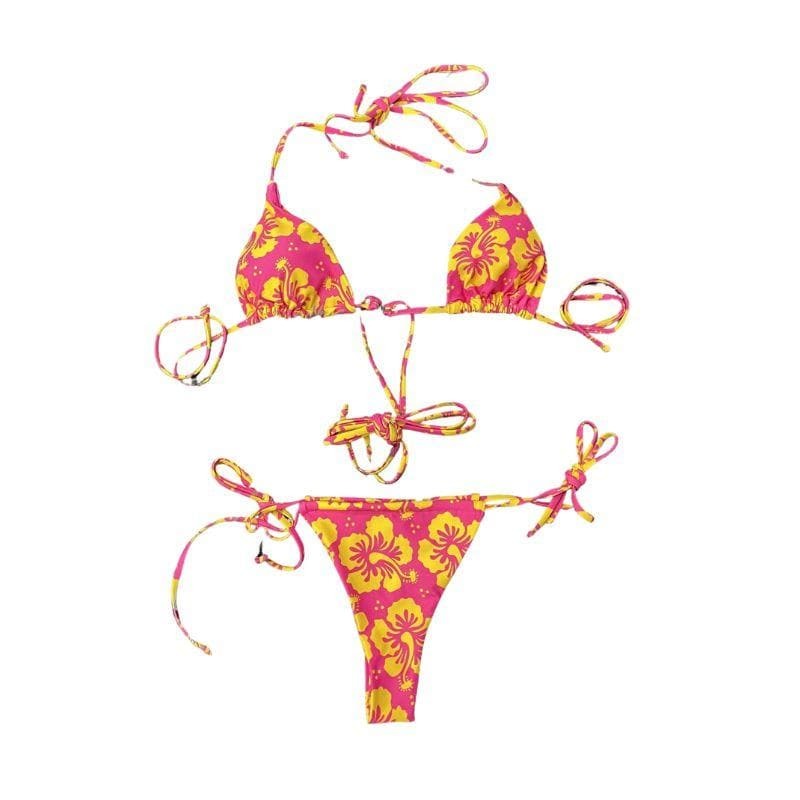 Floral Print Drawstring Halter Tie Bikini Swimwear - Y2K Aesthetic & Coquette Style