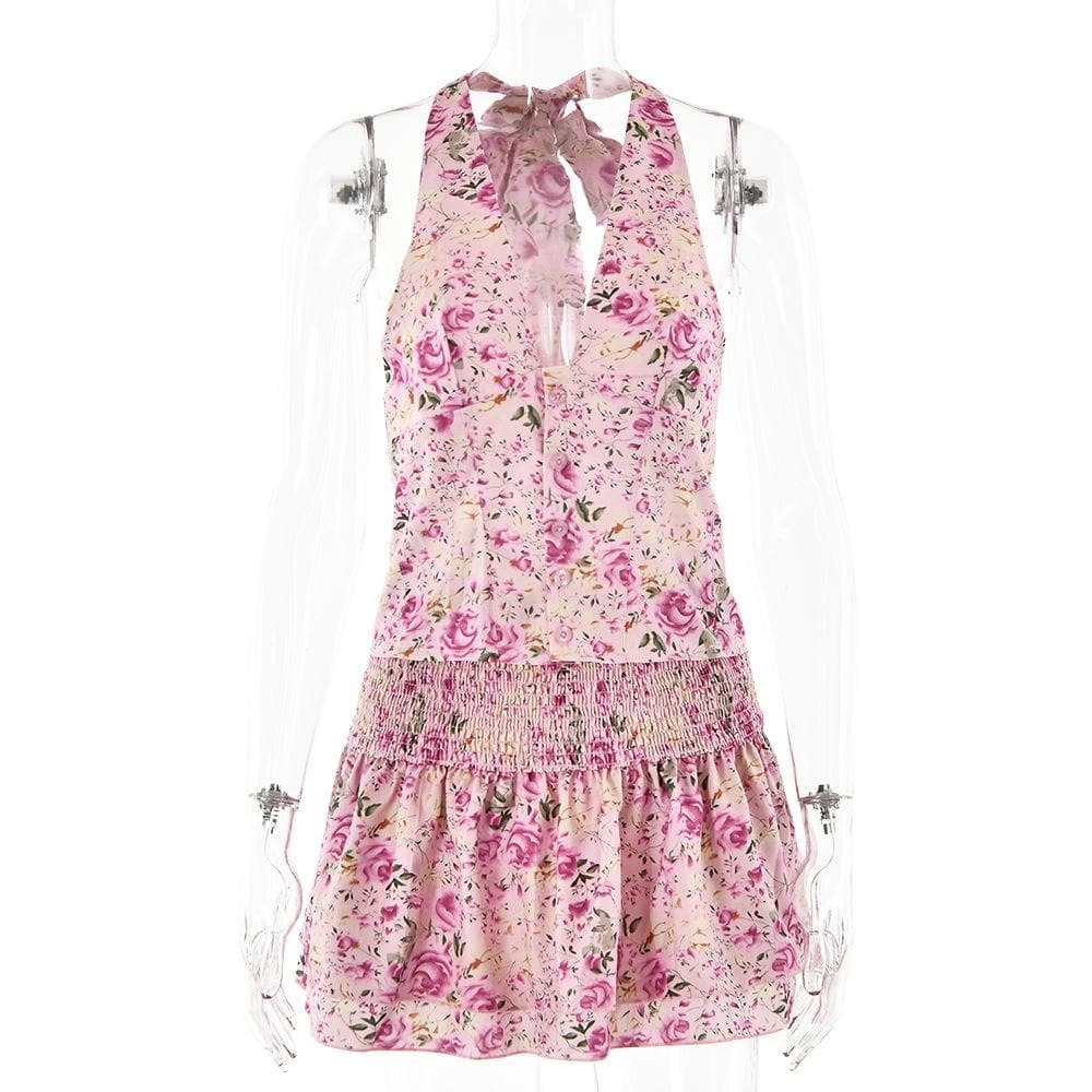 Floral Print Halter Smocked Mini Skirt Set - Y2K Aesthetic Coquette Style Outfit