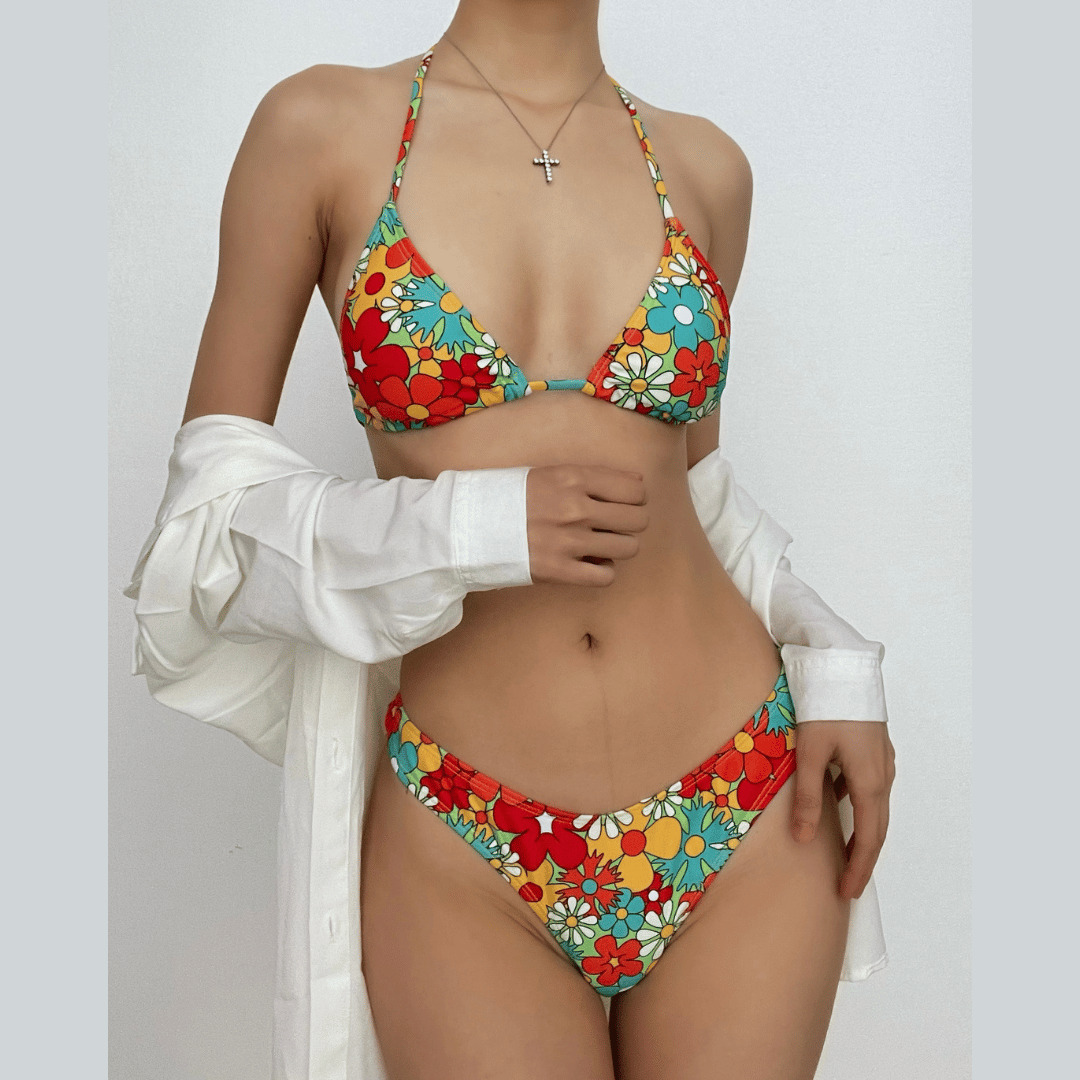 Floral Print Halter Tie Bikini - Y2K Aesthetic Swimwear for Coquette & Grunge Styles