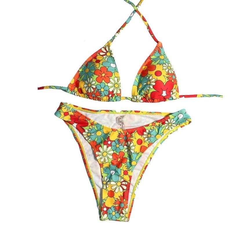 Floral Print Halter Tie Bikini - Y2K Aesthetic Swimwear for Coquette & Grunge Styles