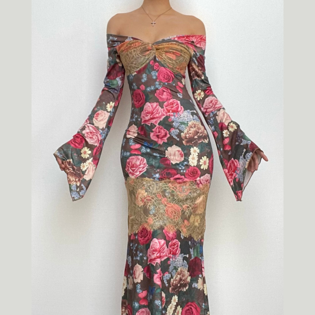 Floral Print Off-Shoulder Ruffle Midi Dress - Y2K Aesthetic, Coquette Style, Cute Fashion