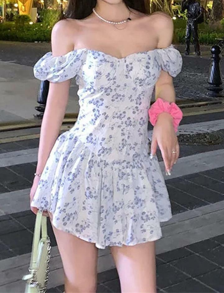 Floral Print Off-Shoulder Y2K Dress for Coquette Aesthetic & Cute Date Nights