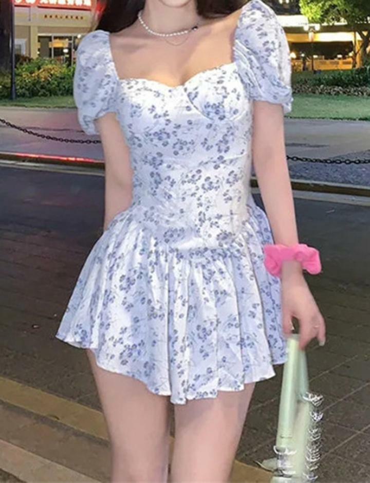 Floral Print Off-Shoulder Y2K Dress for Coquette Aesthetic & Cute Date Nights
