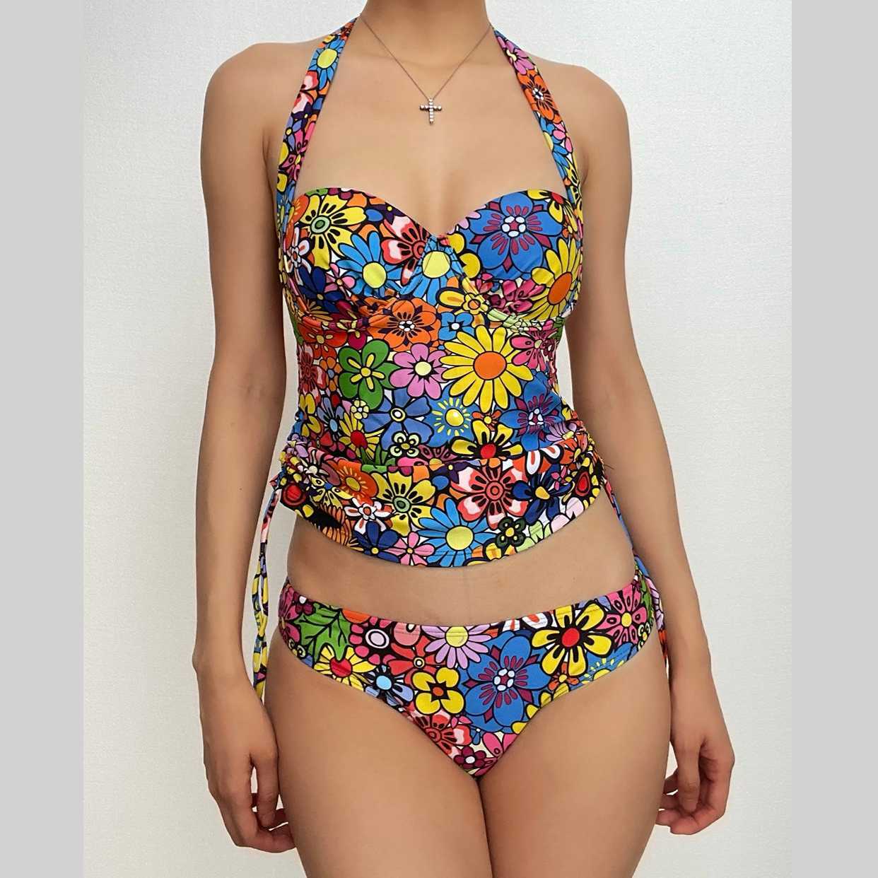 Floral Print Padded Halter Tie Bikini - Y2K Aesthetic Swimwear for Summer Vibes