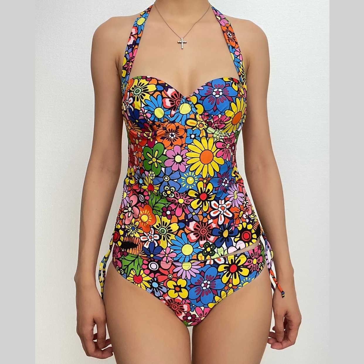 Floral Print Padded Halter Tie Bikini - Y2K Aesthetic Swimwear for Summer Vibes