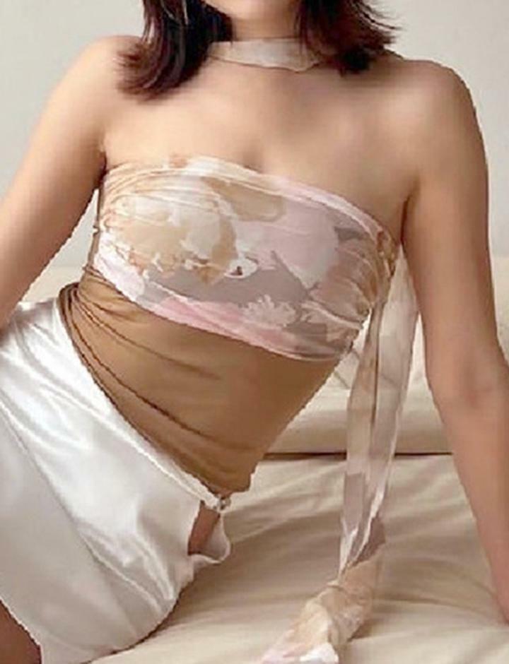 Floral Print Patchwork Strapless Camisole with Scarf - Y2K Aesthetic Cute Top for Coquette Style