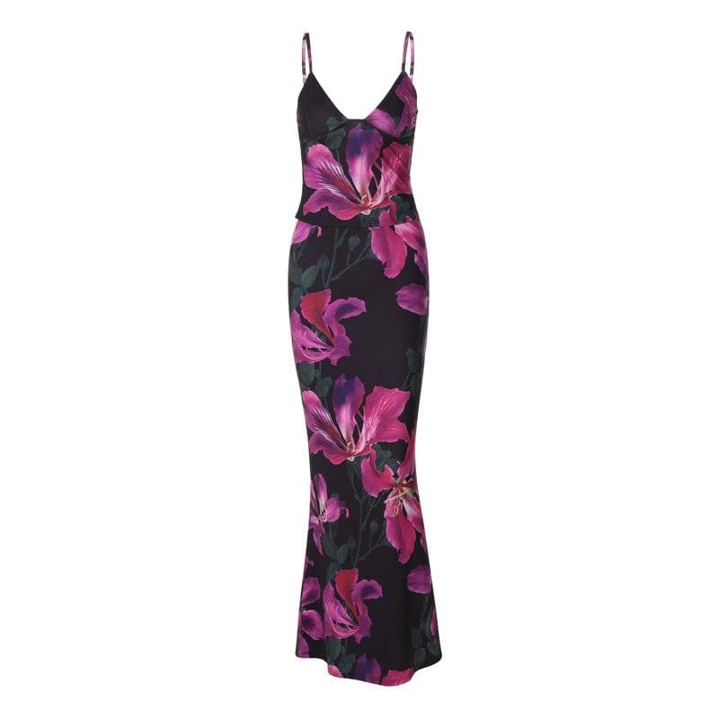 Floral Print V-Neck Contrast Cami & Maxi Skirt Set - Y2K Coquette Aesthetic Outfit