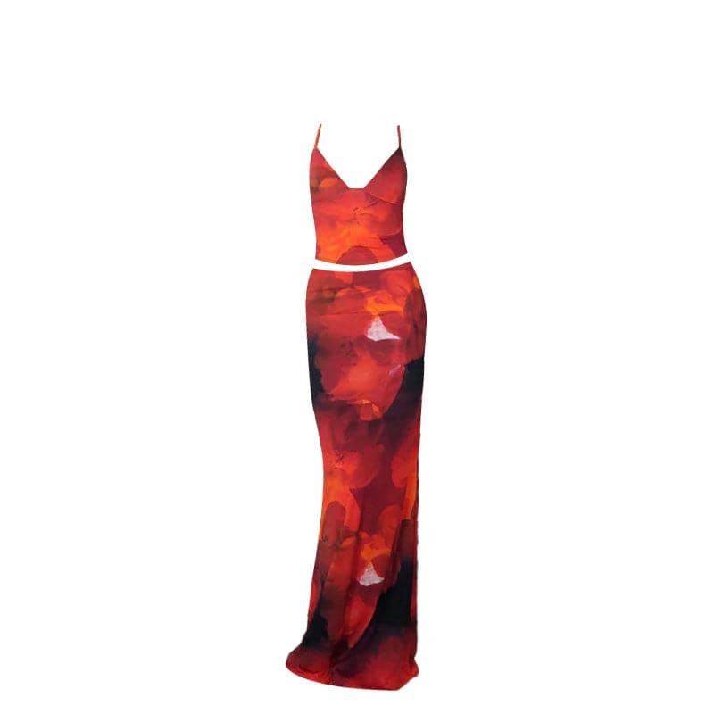 Floral Print V-Neck Contrast Cami & Maxi Skirt Set - Y2K Coquette Aesthetic Outfit